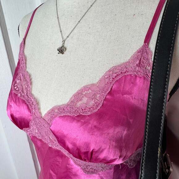 Vintage Hot Pink Satin Lace Trim Slip Dress, Size Small - Y2K Fairycore - Picture 2 of 5